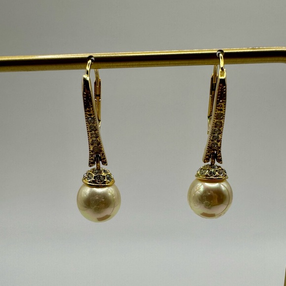 Gold tone crystal embellished faux pearl drop leverback earrings. - Picture 3 of 4